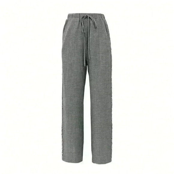 Dark Grey Casual Women's Drawstring Side Splicing Lace Trim Wide Leg Pants - Picture 4 of 4